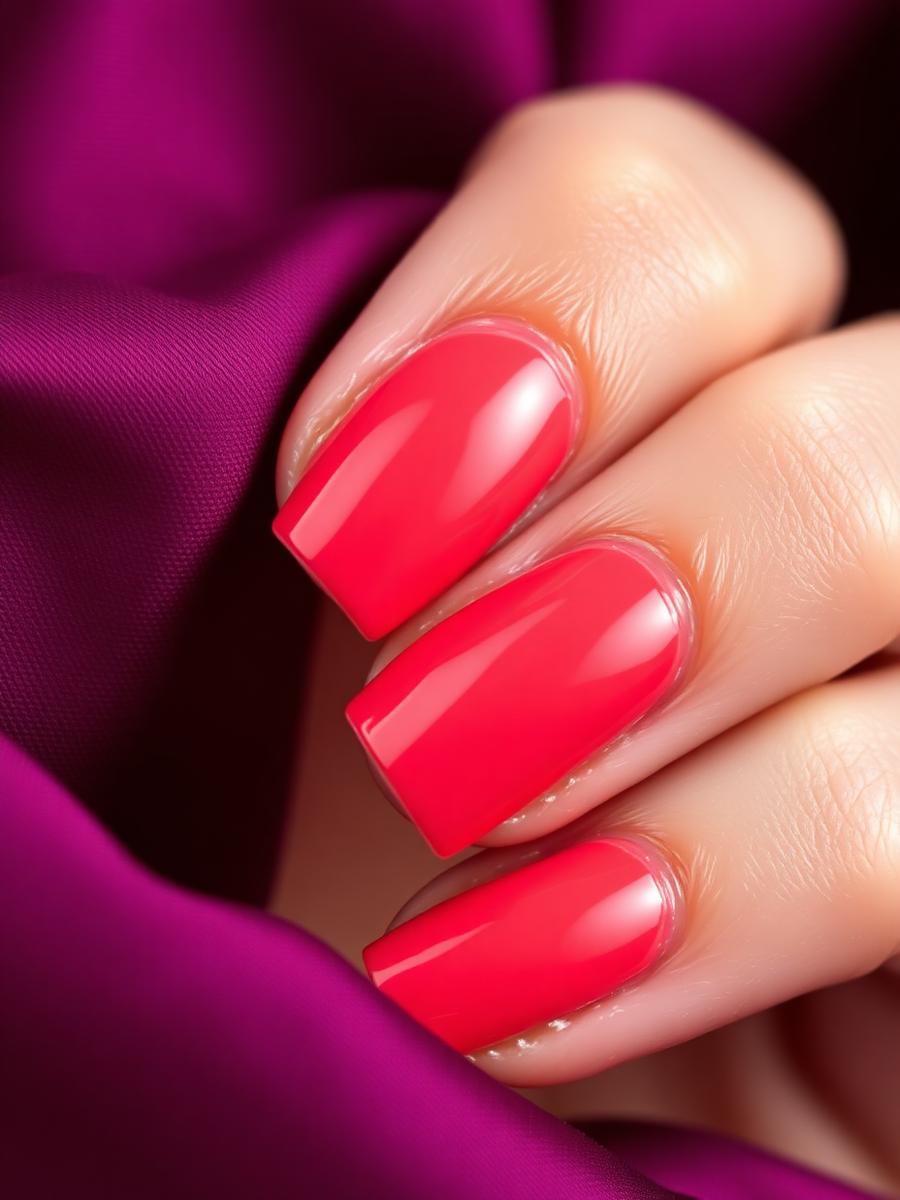Glossy coral gel manicure on plum silk