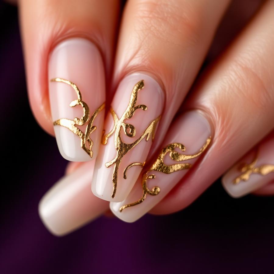Gold foil nail art on ivory nails