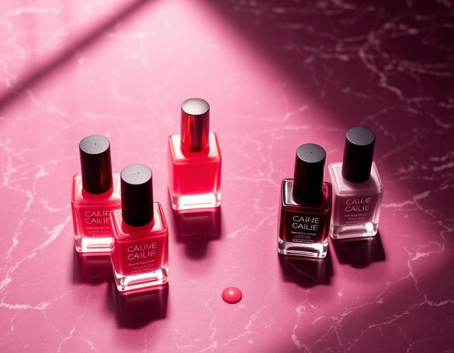 Gel polish bottles in coral and mauve