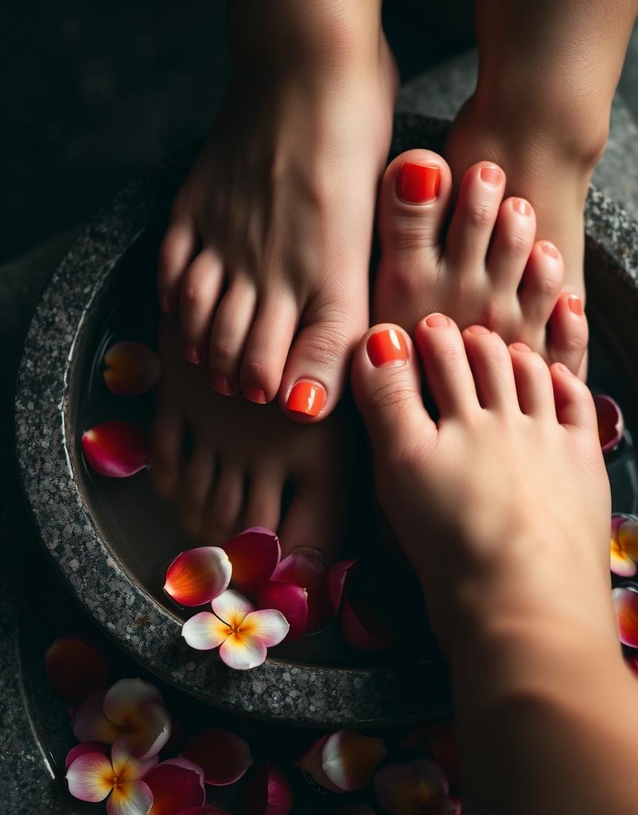 Spa pedicure with coral polish