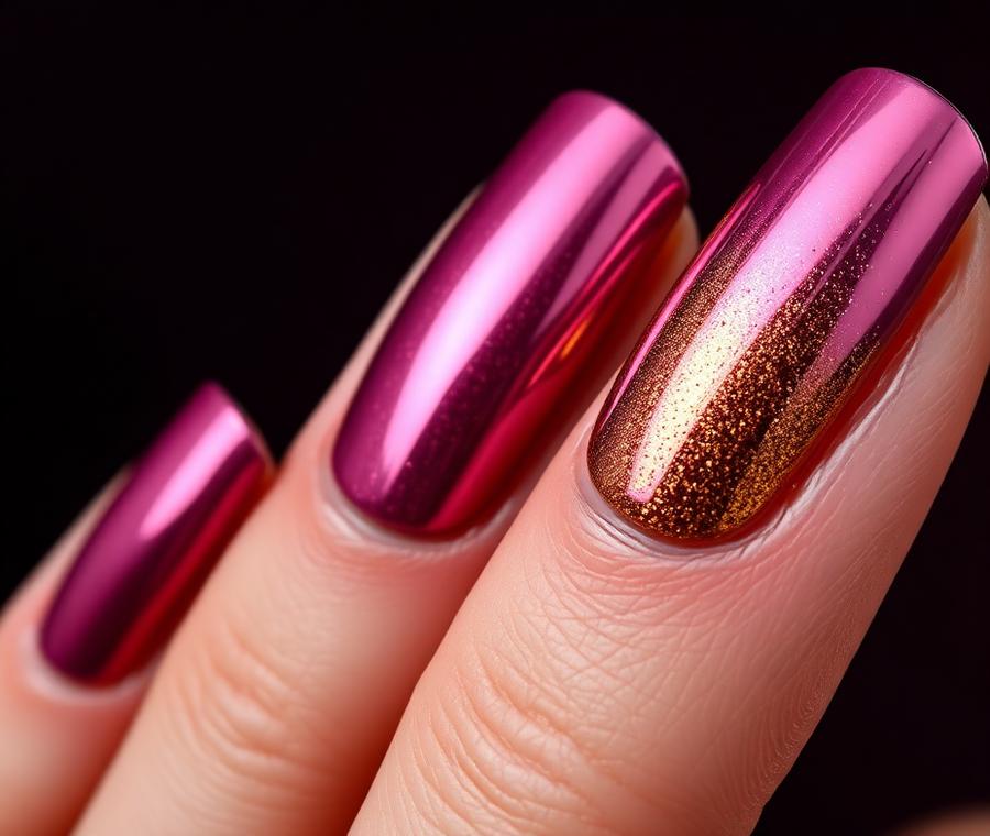 Chrome mirror nails in mauve and gold
