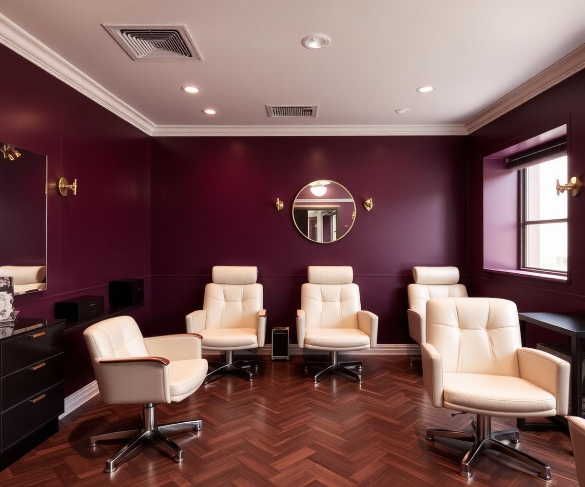Interior of the nail studio with plum walls and ivory chairs